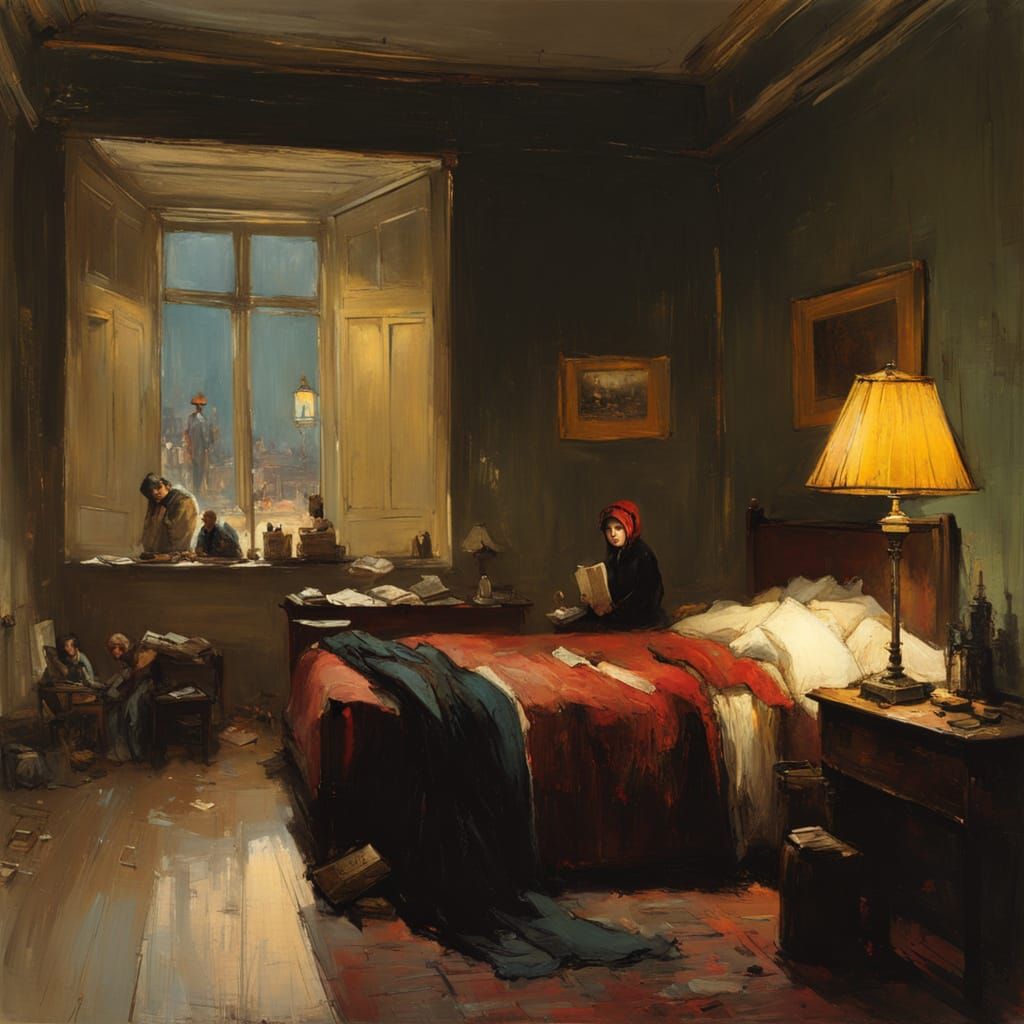 Poet in Garret Room, Post-Impressionist Velvet Painting