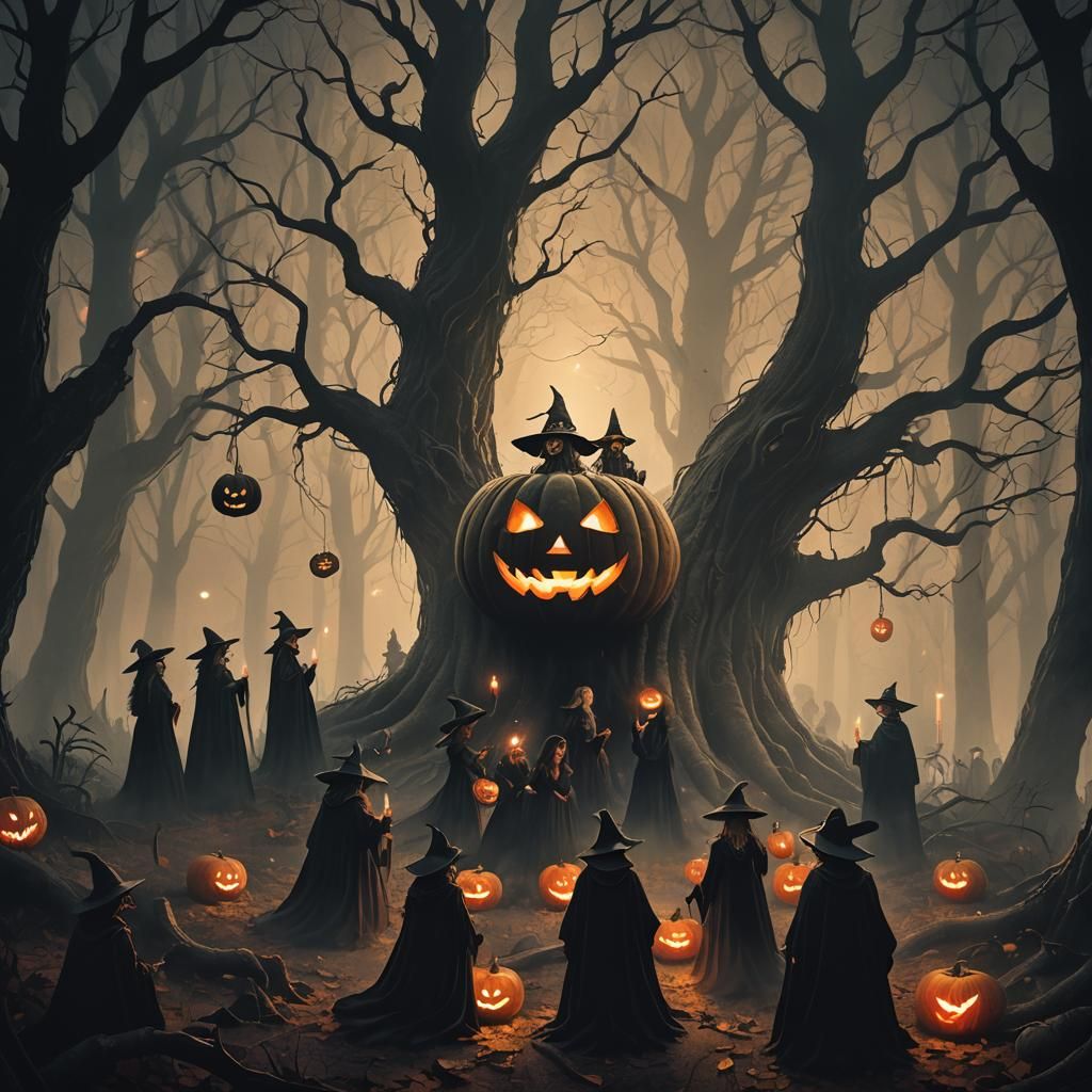 Witches Worshiping Pumpkin in Dark Fantasy Forest