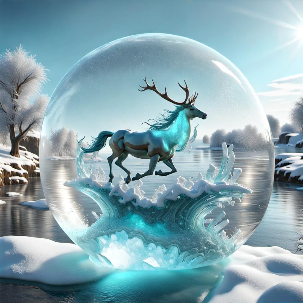 Ice Sphere Village with River and Running Horses