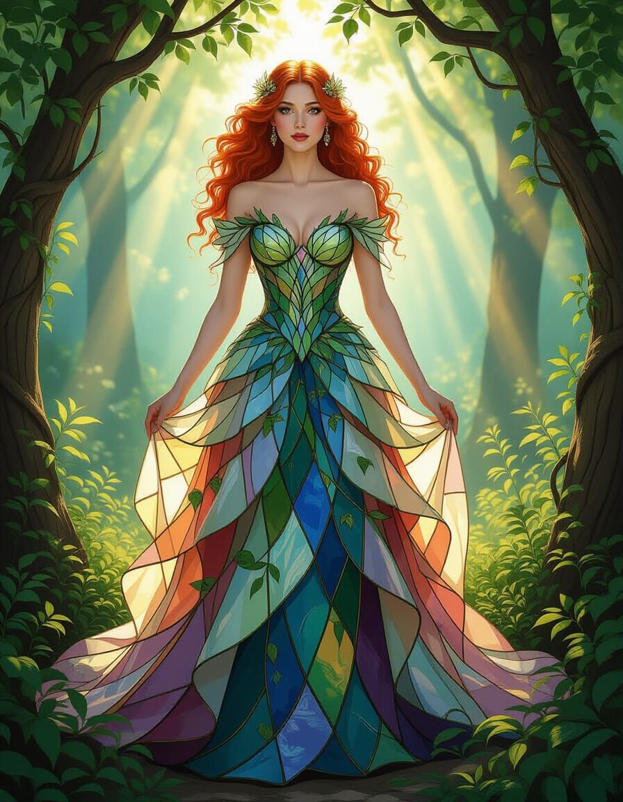 Enchanting Red-Haired Woman in Stained Glass Gown