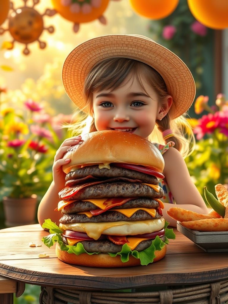 Young Girl Enjoys Whimsical Burger Picnic in Lush Greenery