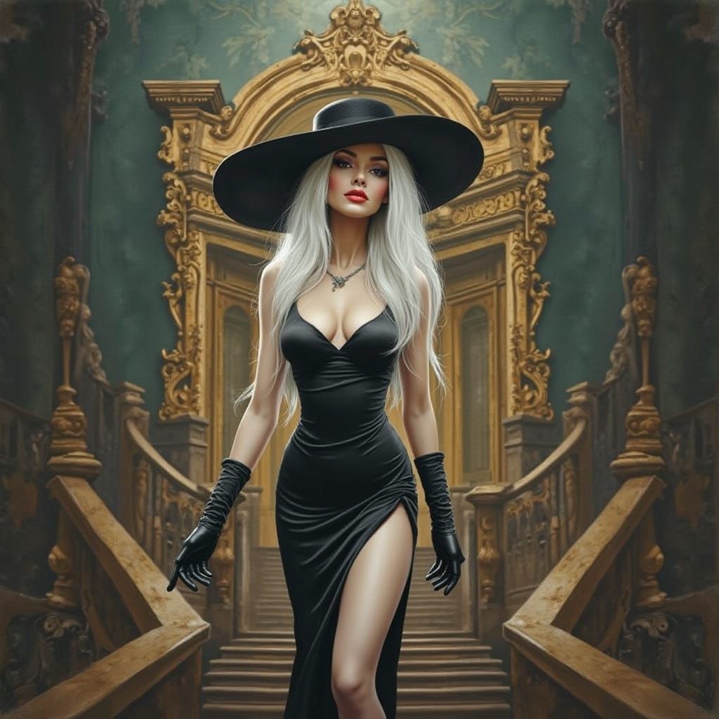 Charcoal Portrait of Elegant Woman on Mansion Stairs