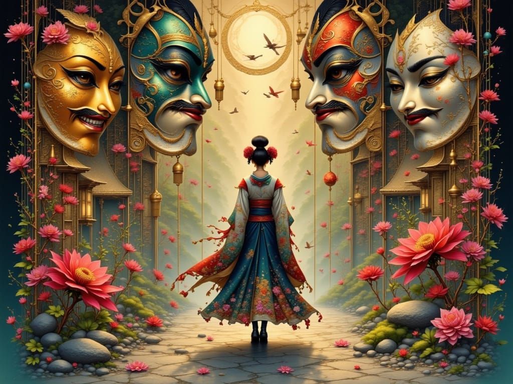 Chiyoko Gazes at Kabuki Masks in Ornate Attire