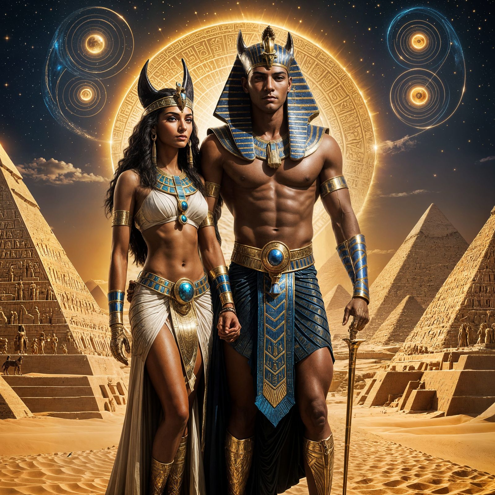 Ancient Pharaoh and Goddess in Golden Light