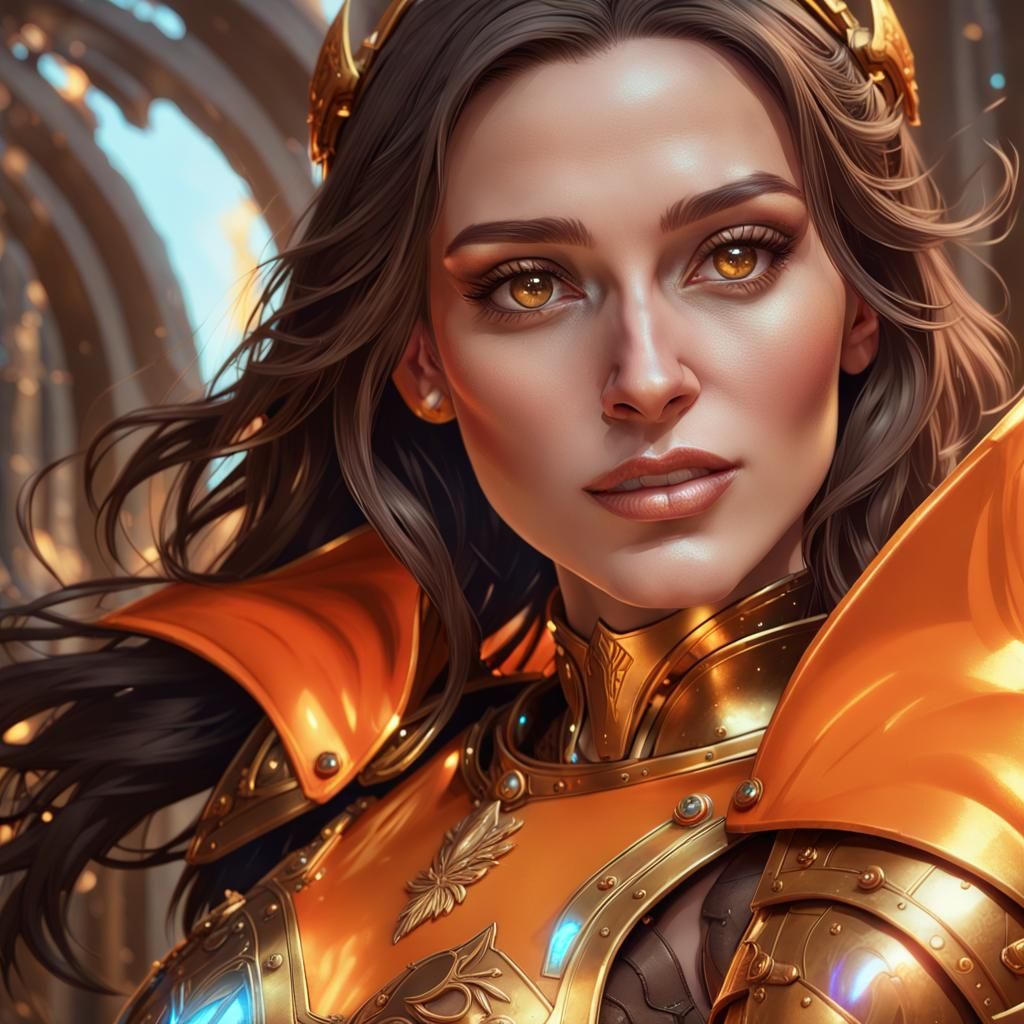 Brunette Paladin in Gold Armor: Dark Fantasy Art