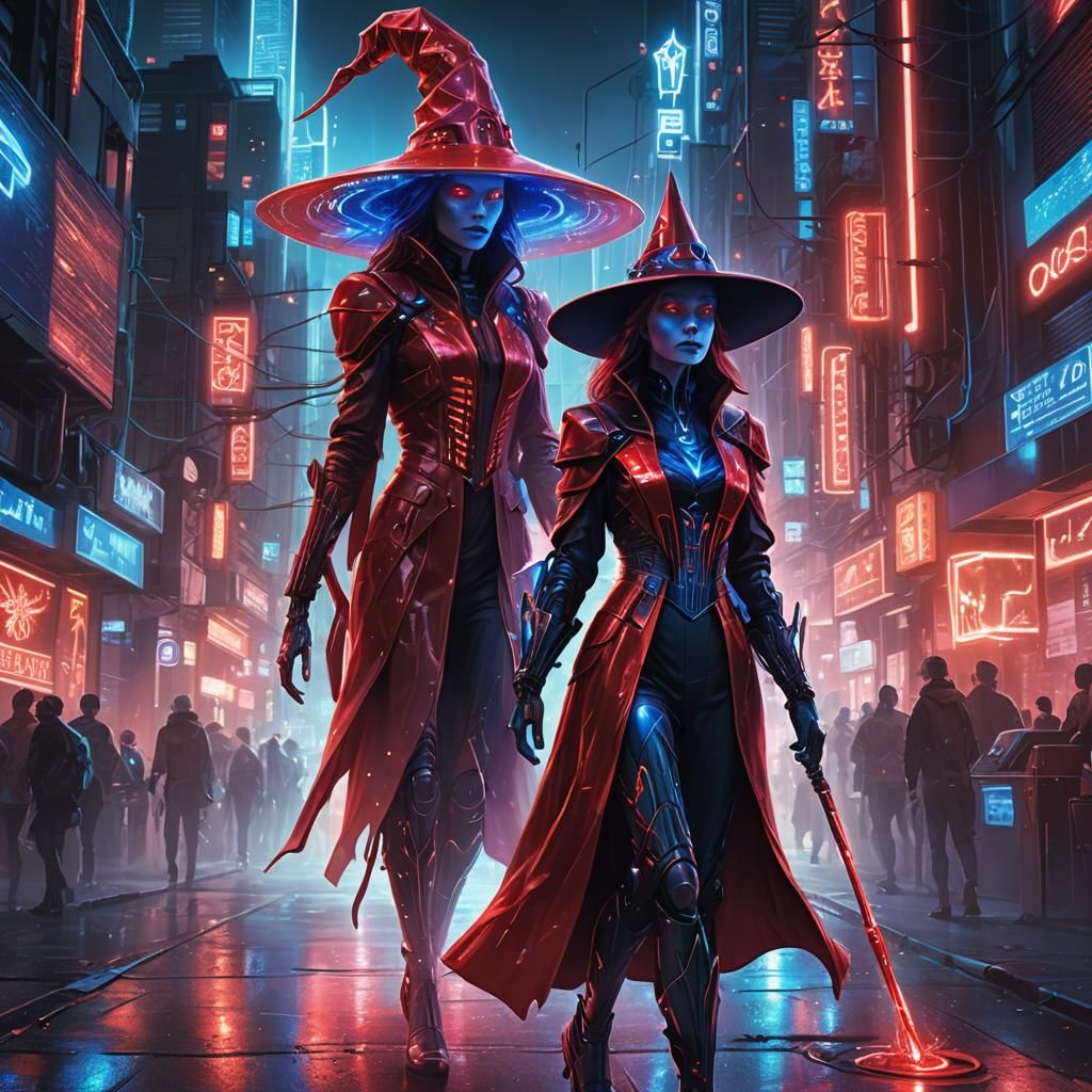 Futuristic Alien Witch in Holographic Red Dress