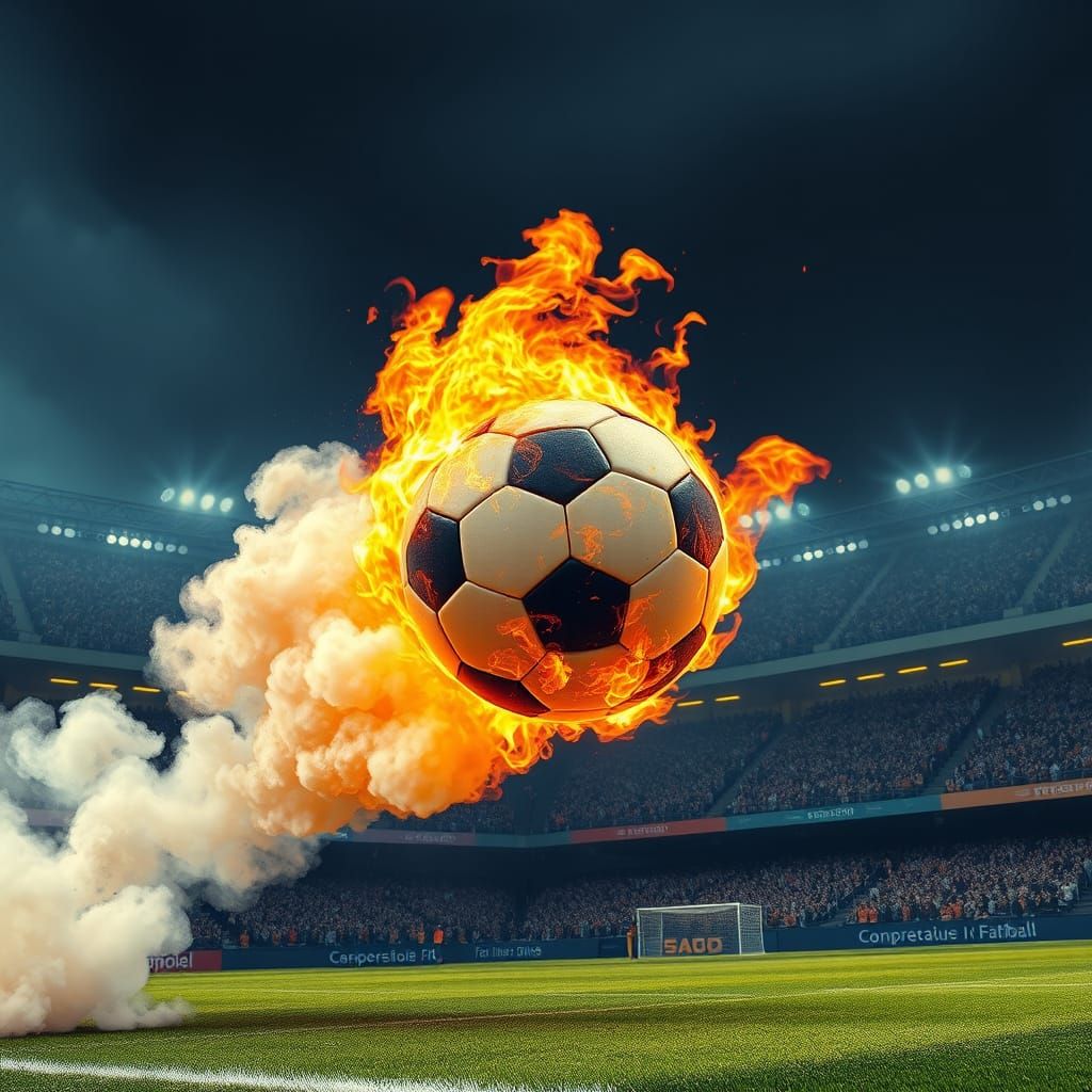 Flaming Soccer Ball Flies into Stadium: Futuristic Art
