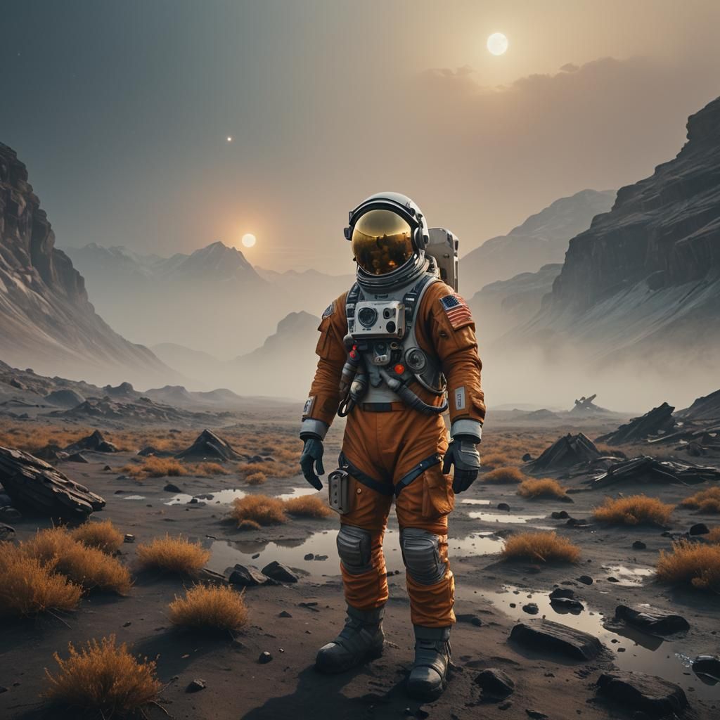 Astronaut in Foggy Landscape: Cinematic Matte Painting
