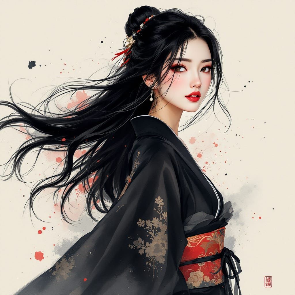 Elegant Asian Beauty in Watercolor Portrait Style