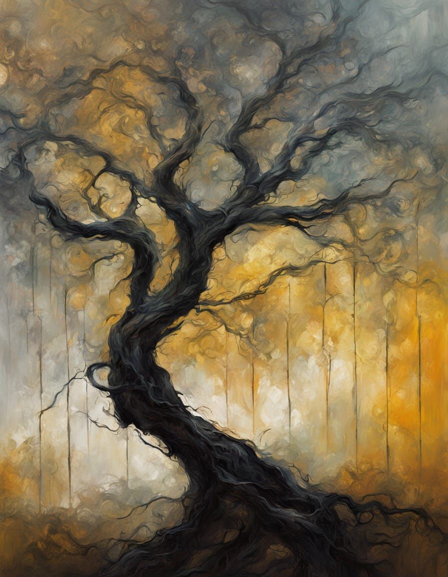 Twisted Tree in Vibrant Night Fog