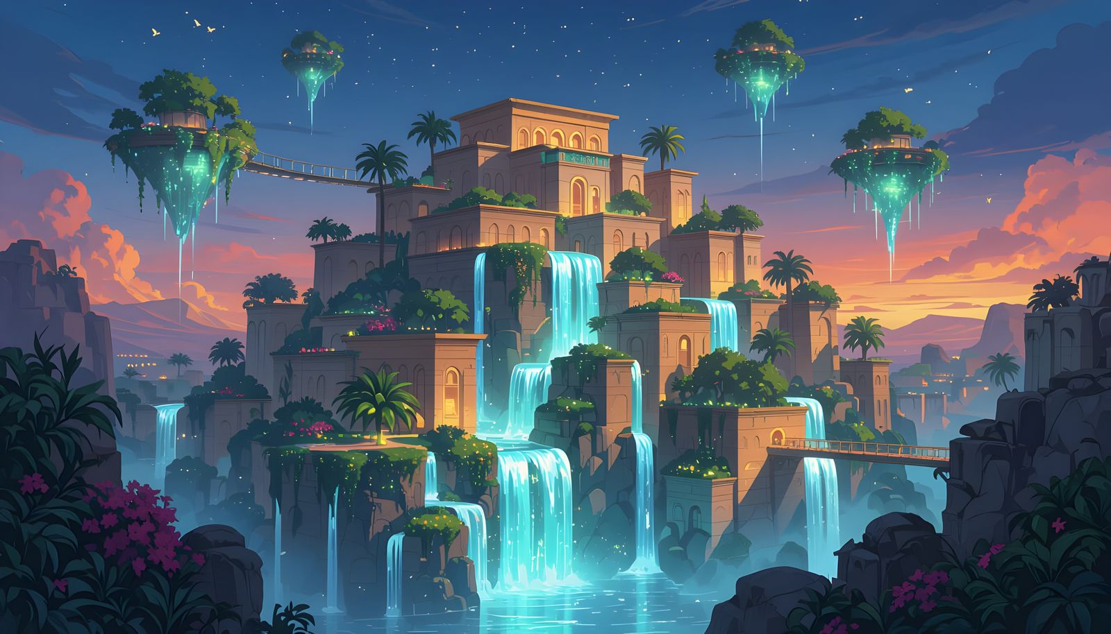 Hanging Gardens of Babylon with Bioluminescent Flora