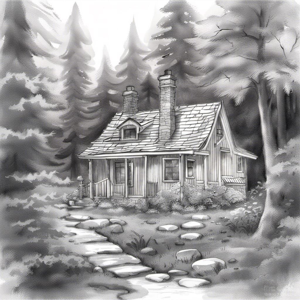 Monochromatic Pencil Sketch of Forest Cottage