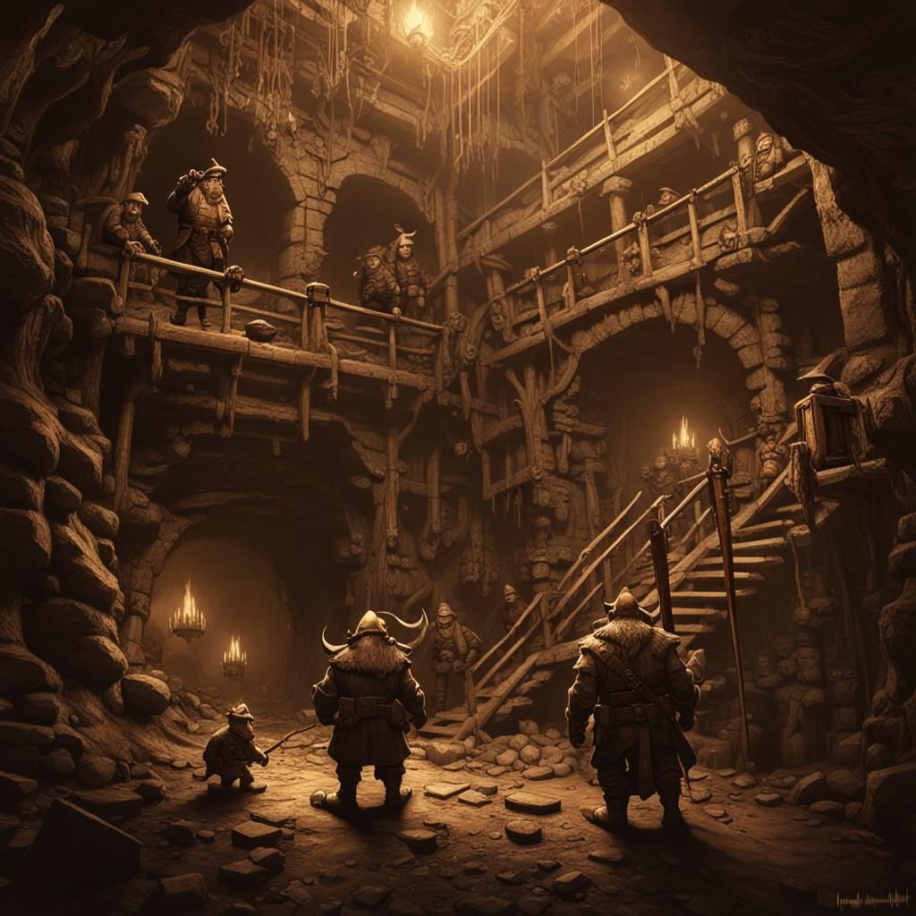 Dwarves Explore Ratmen Warren: Dark Fantasy Concept Art