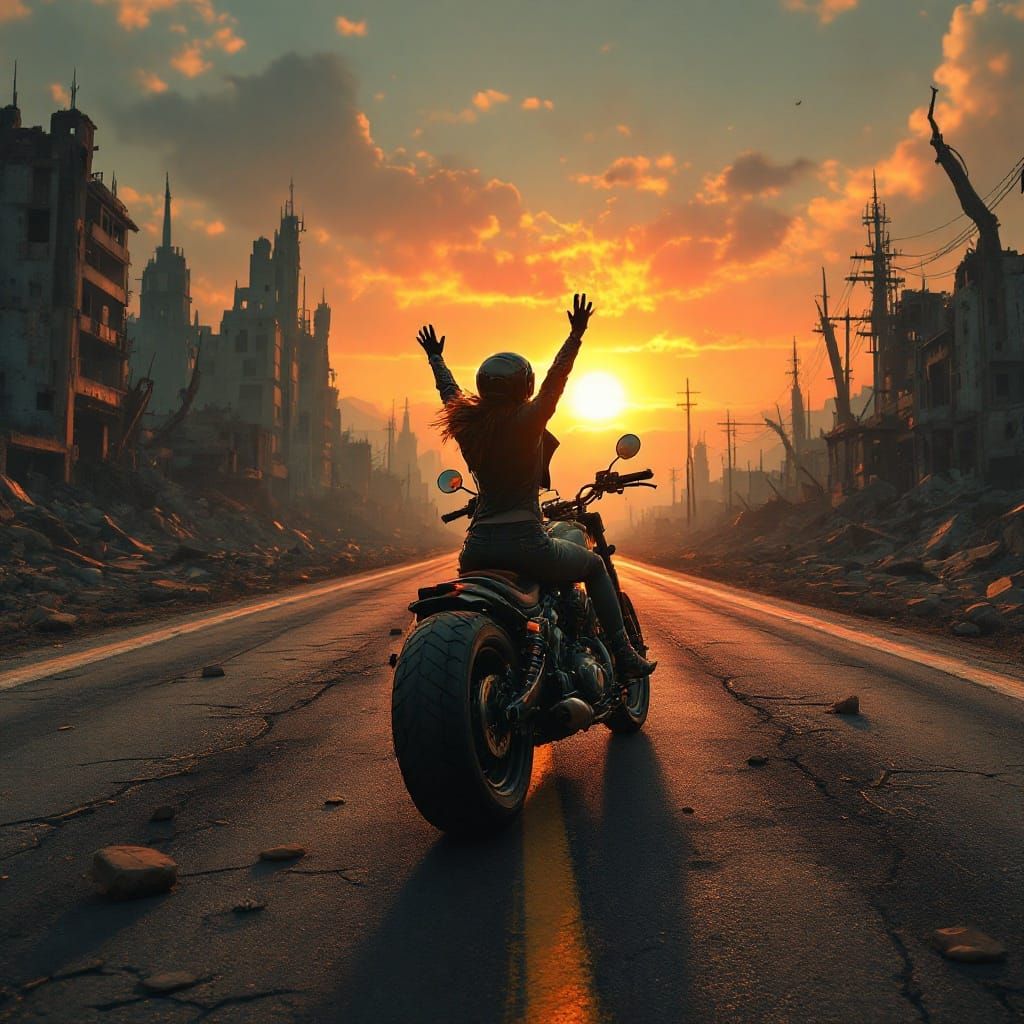 Freedom Amidst Ruin: A Lone Rider in a Dystopian Dawn