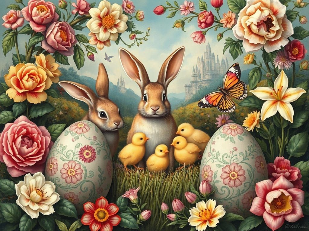 Renaissance Landscape with Bunnies and Floral Eggs