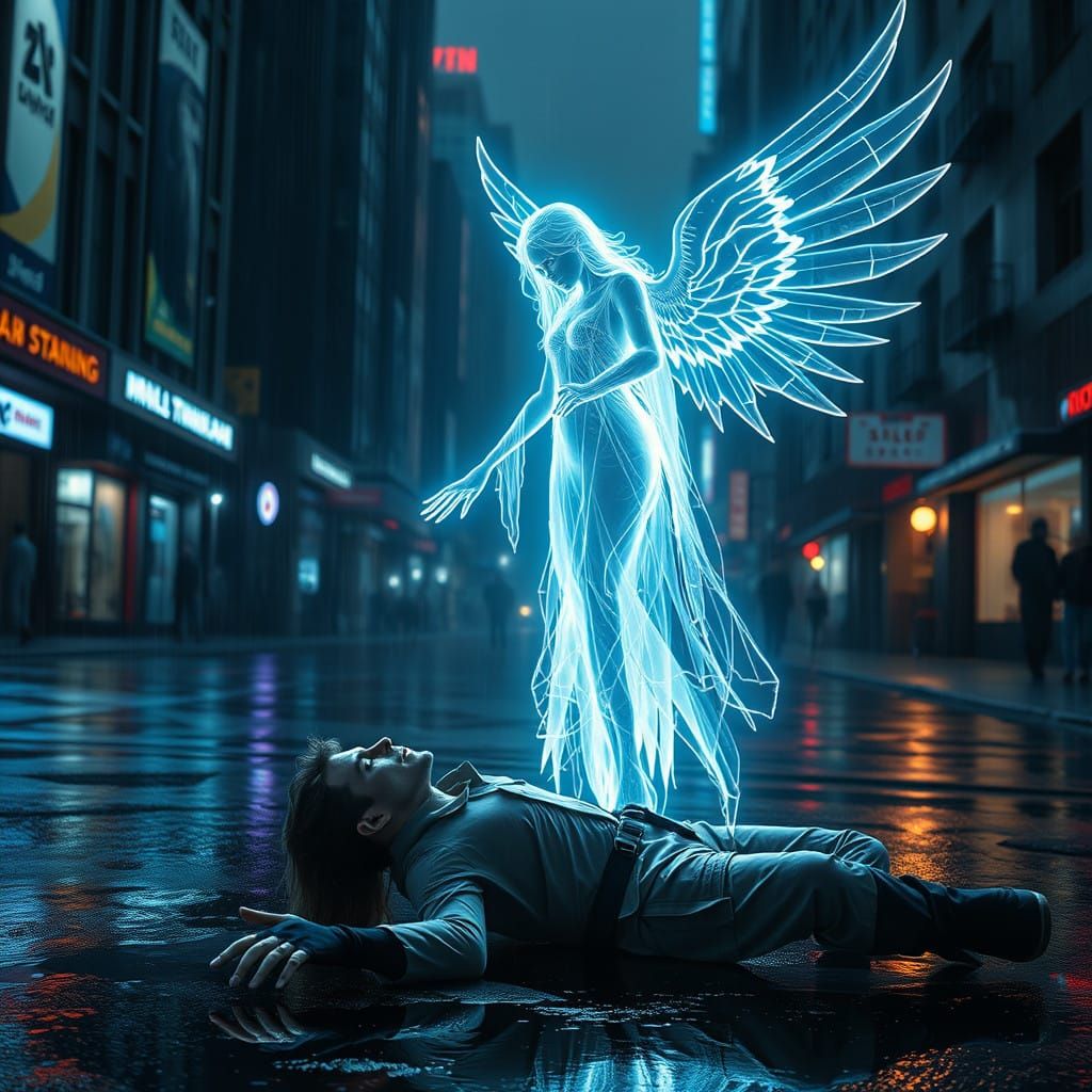 Angel Goddess in Cyberpunk Cityscape Interacts with Wounded...