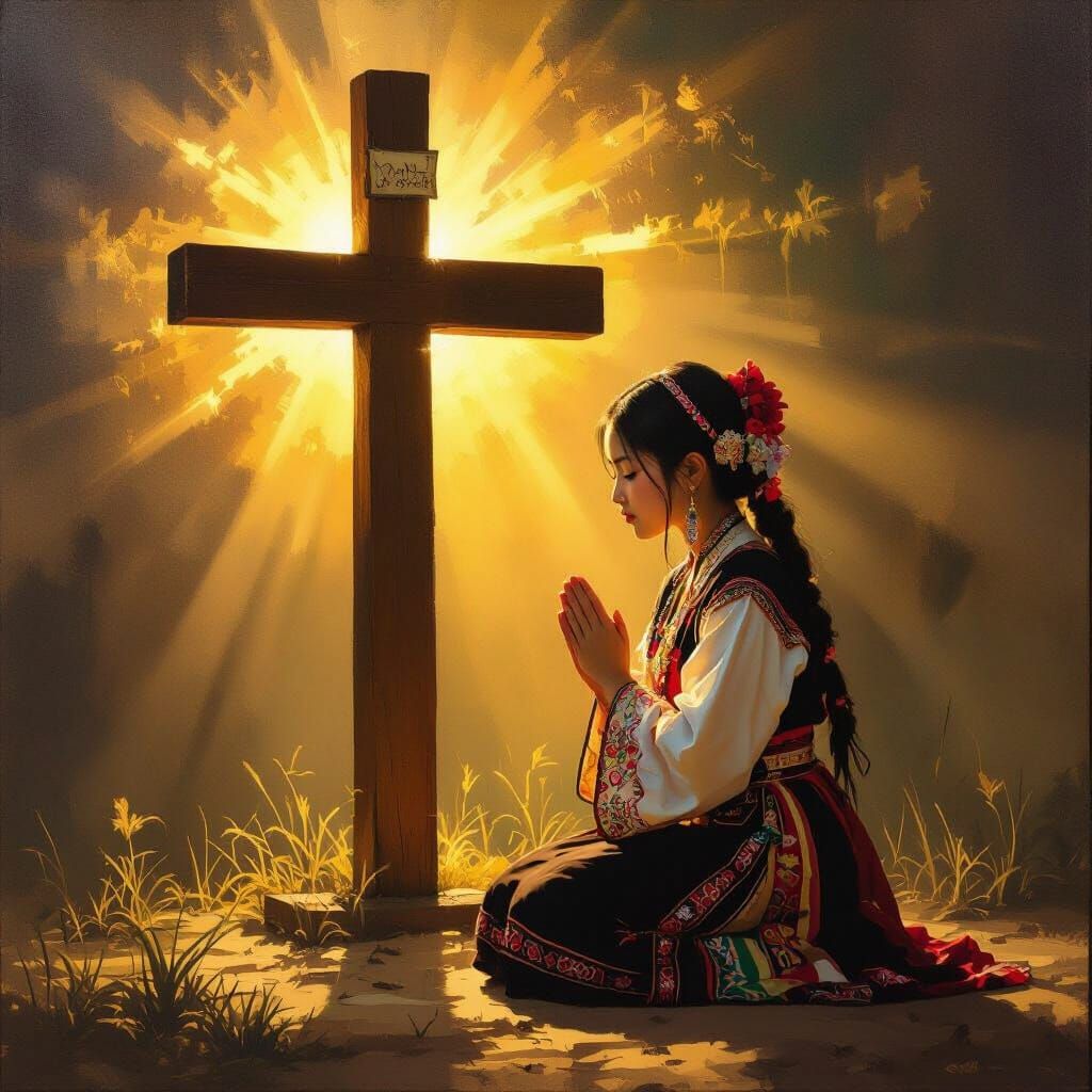 Hmong Girl Praying to Jesus in Golden Hour Light
