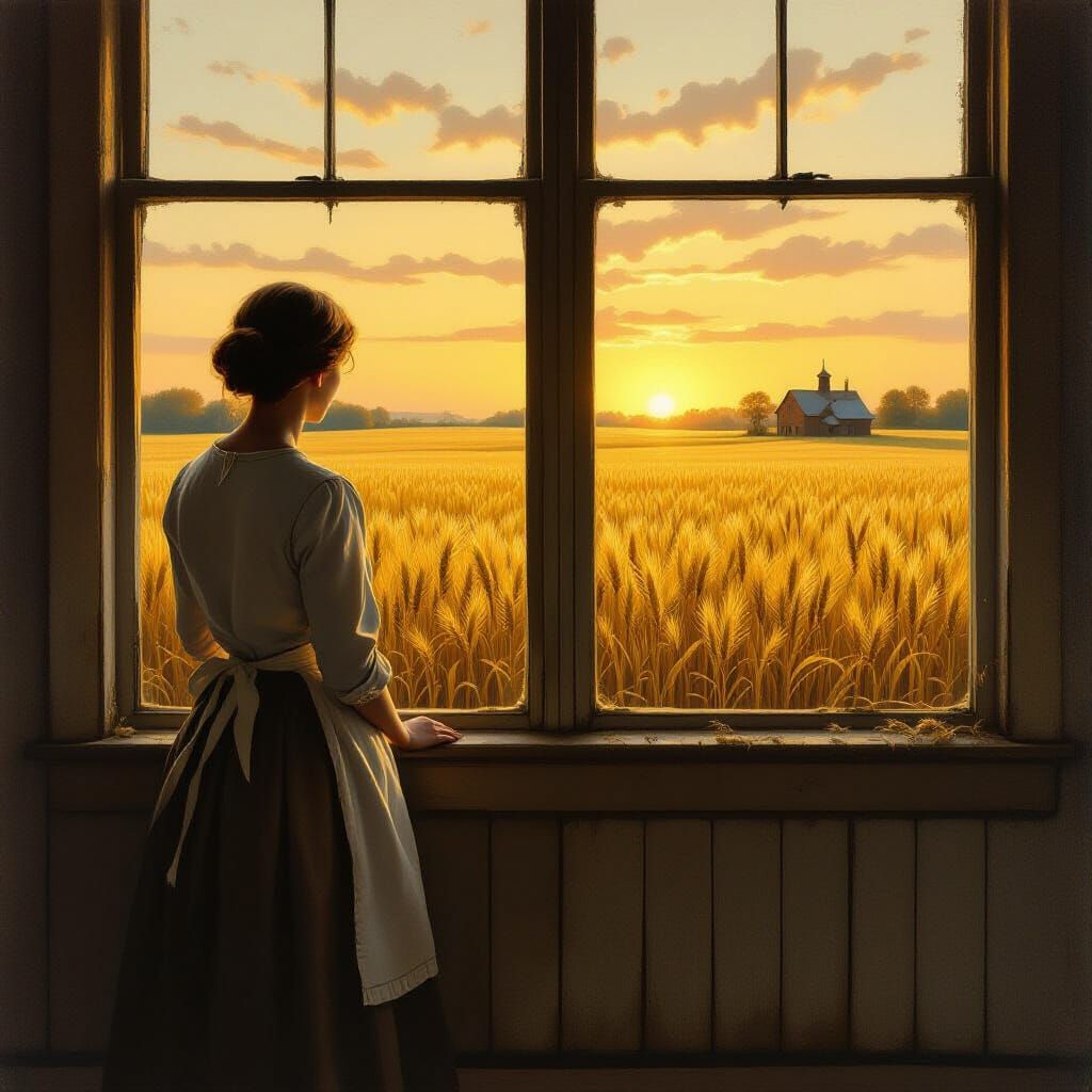 Woman Gazes at Golden Wheat Field at Autumn Sunrise