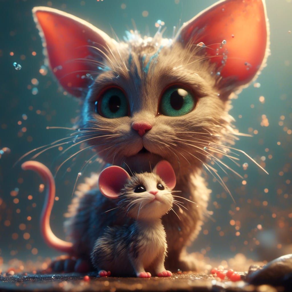 Cat Kisses Mouse in Hyperrealistic Digital Art