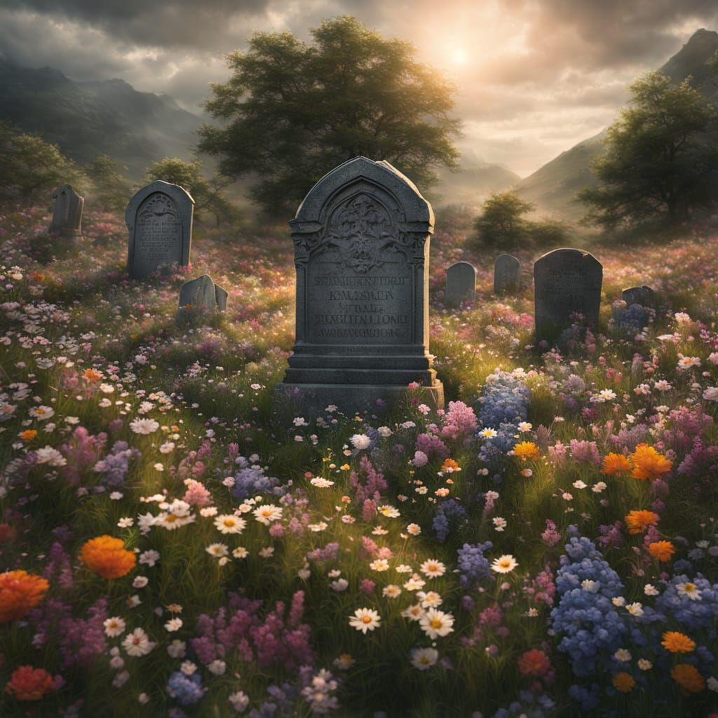 Wildflowers Engulfing Tombstones: Dramatic Digital Painting