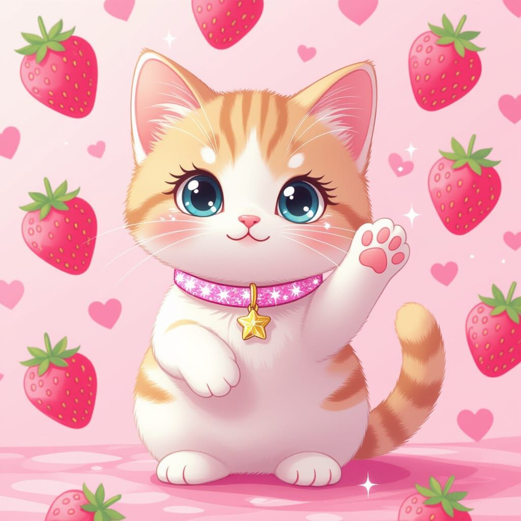 Kawaii Pink Cat Shows Toe Beans on Strawberry Background