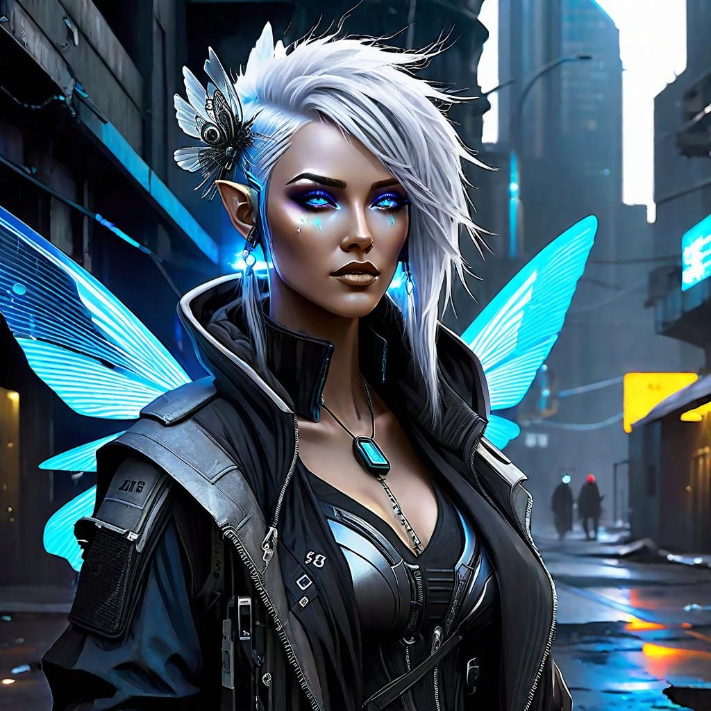 Cyberpunk Fairy with Silver Hair in Dystopian City