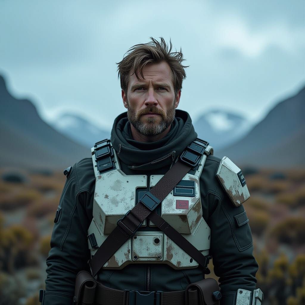 Scruffy Hero in Cinematic Landscape