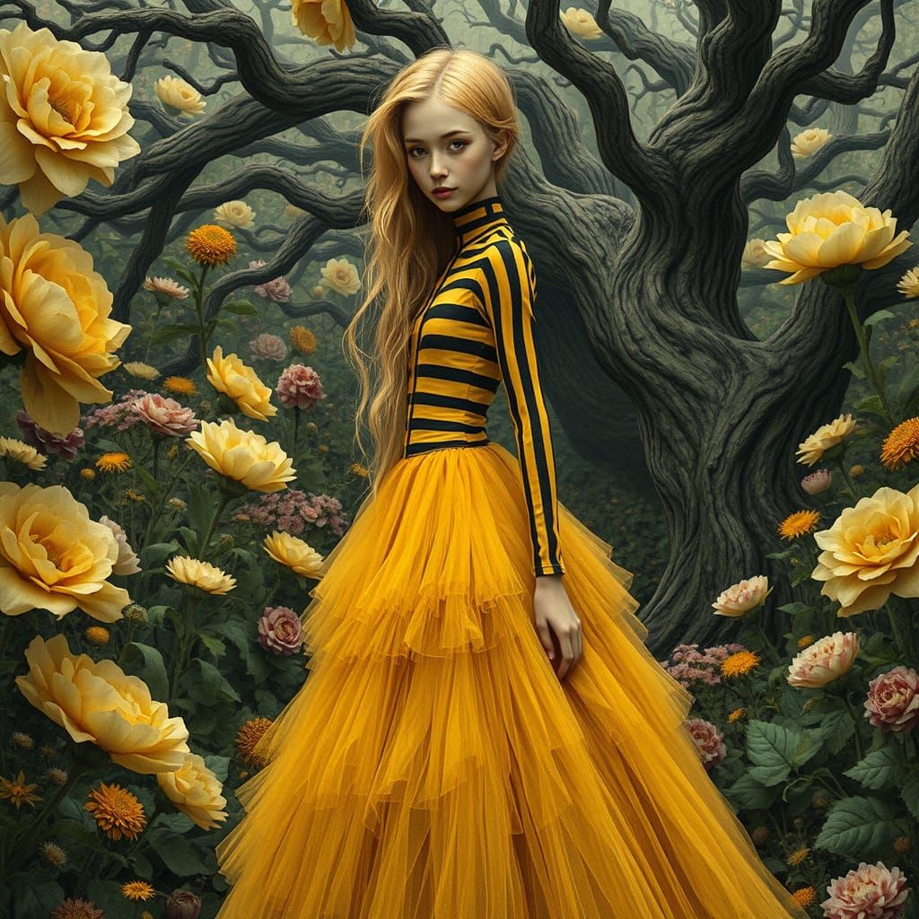 Whimsical Lady in Vibrant Floral Garden