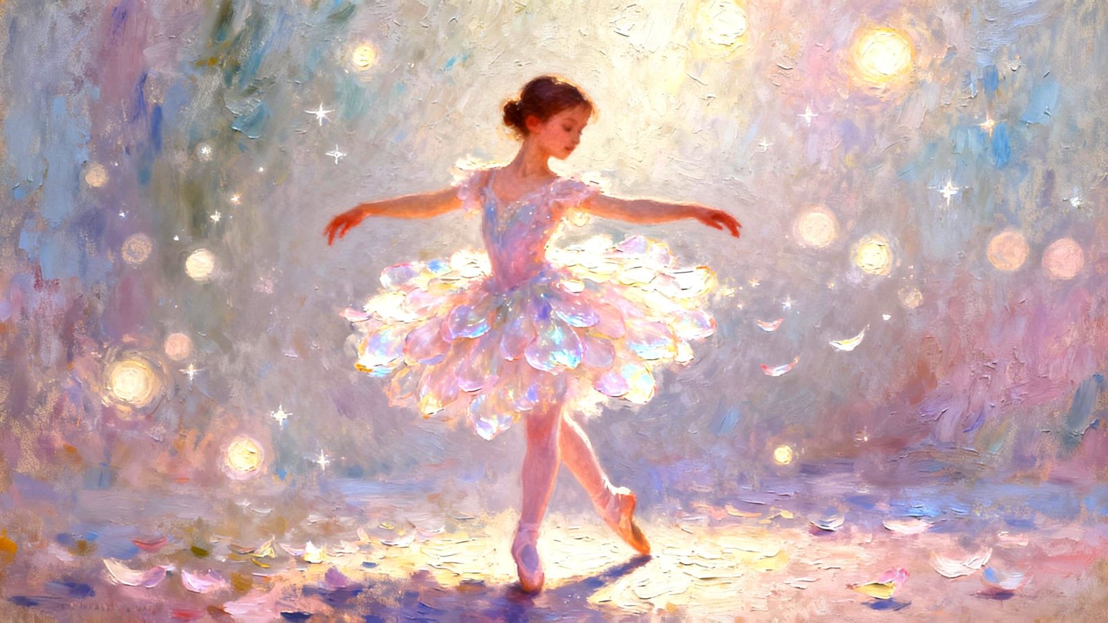 Ballerina Pirouette in Ethereal Light: Textured Oil Painting