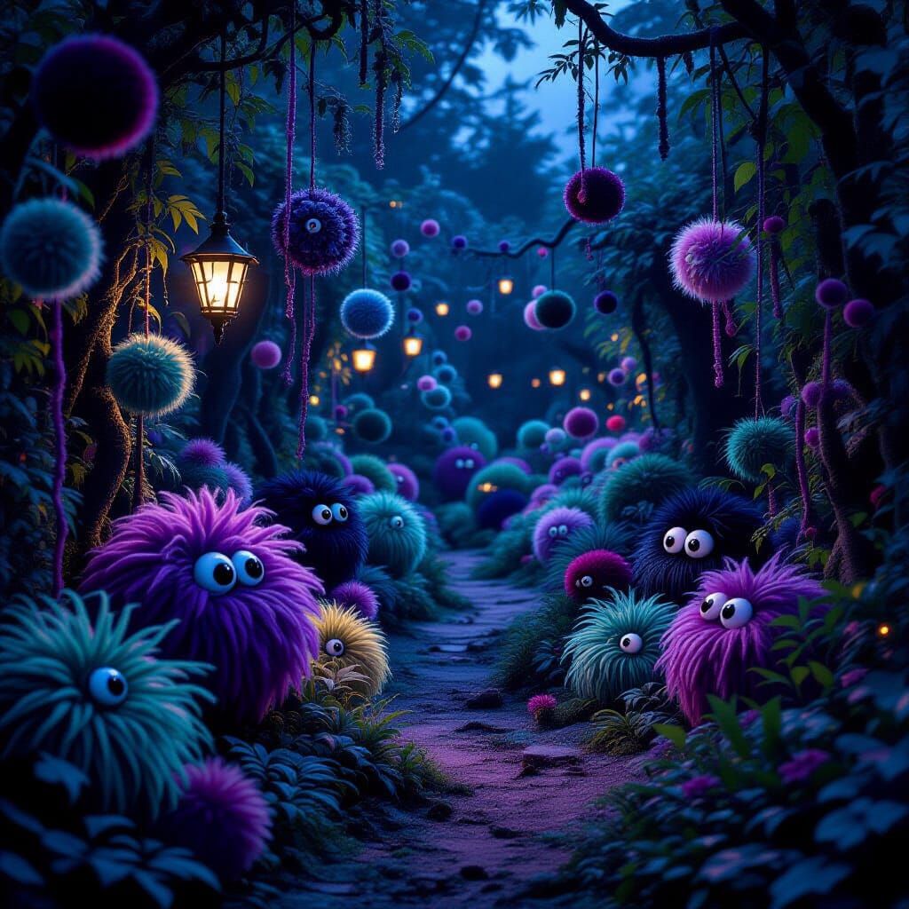 Eerie Pom Pom Garden Dreamscape in Burton-Miyazaki Style