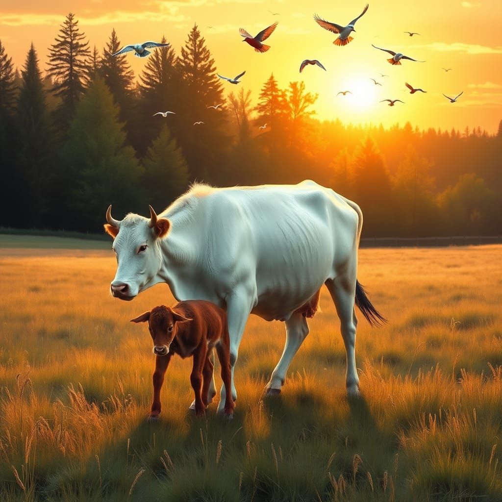 Gentle Cow and Calf Stroll Across a Peaceful Sunset Meadow