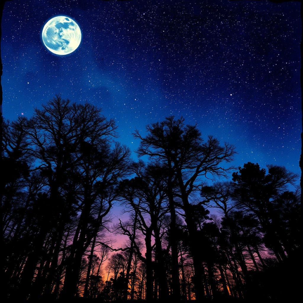 Glowing Night Sky with Silhouetted Trees