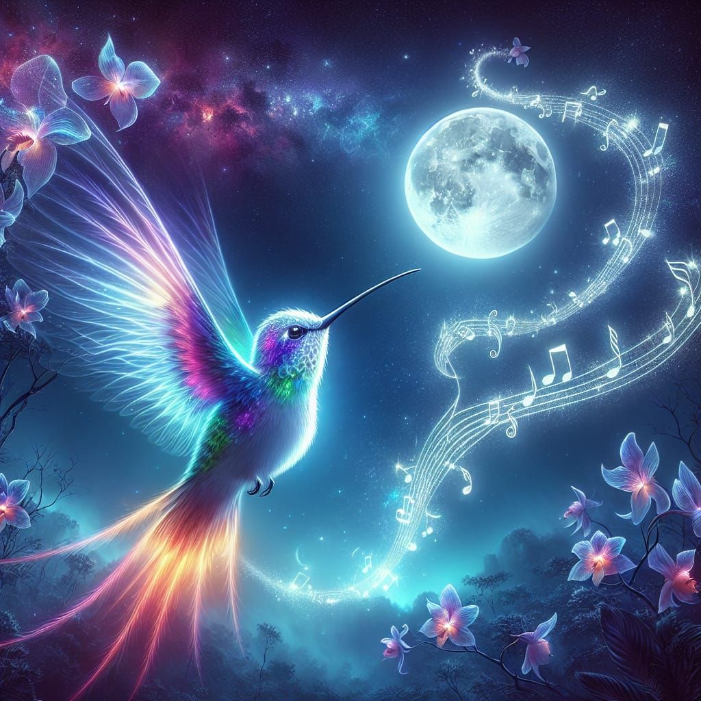 Celestial Hummingbird Radiating Light in Starry Sky