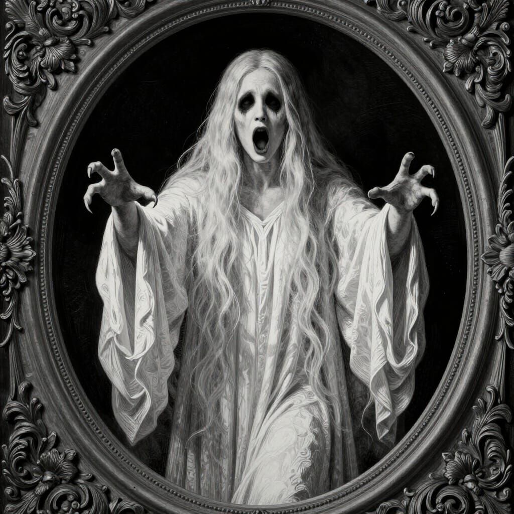 Ghostly Figure in Ornate Frame - Horror Portrait