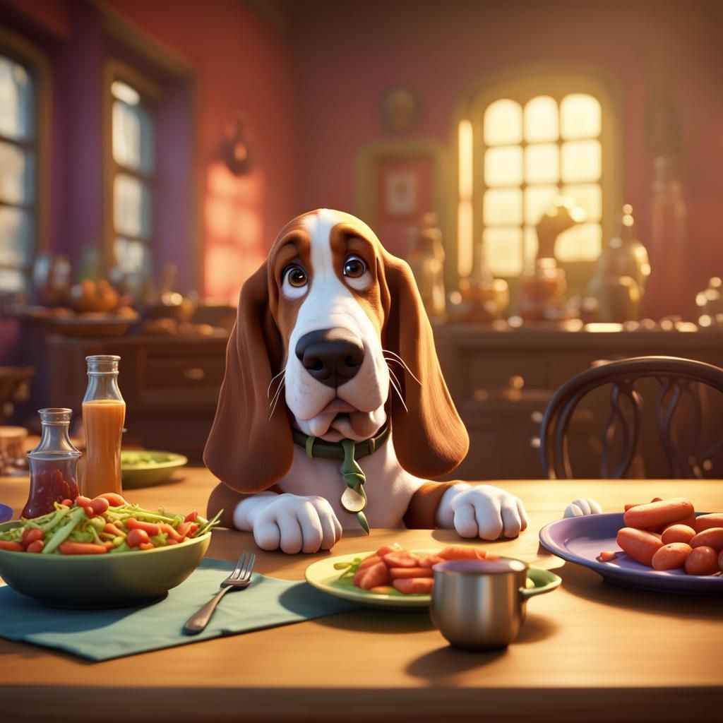 Basset Hound's Supper: A 3D Digital Art Concept