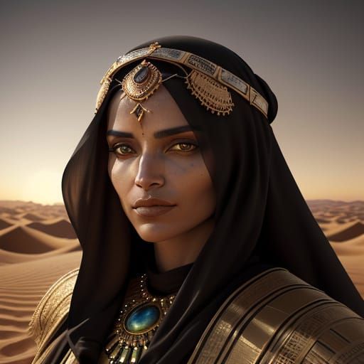 Arabian Bedouin Woman in Desert Sunset Photorealistic Art