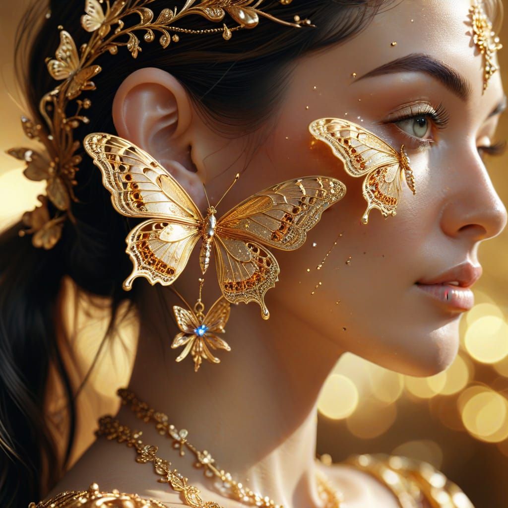 Gold Butterfly Earrings in Hyper-Realistic Digital Art