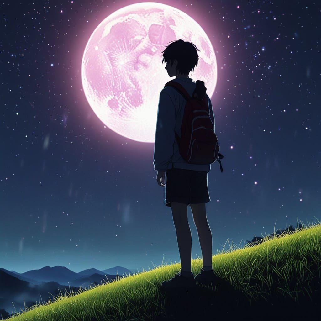 Anime Teenager Under Pink Moon in Manga Style