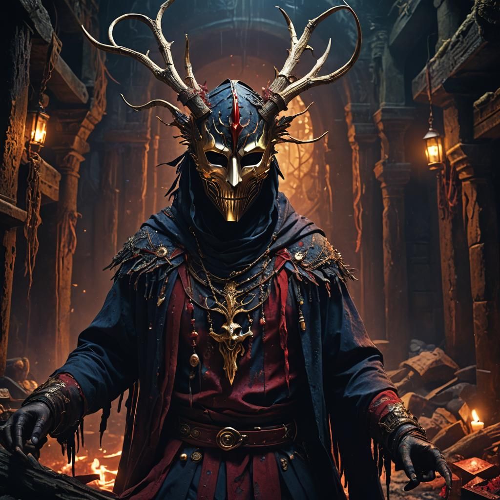 Eerie Dungeon Ritual with Masked Figure