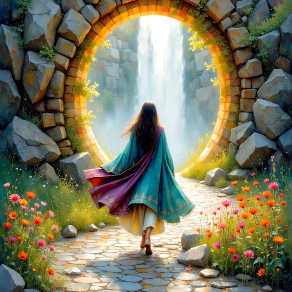 Woman in Golden Light Portal, Impasto Oil Painting