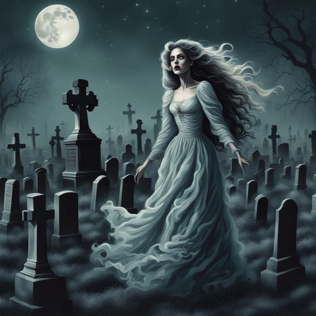 Glamorous Ghostly Girl in Cemetery: Retro Digital Art