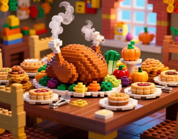 LEGO Thanksgiving Feast Table with Turkey Centerpiece