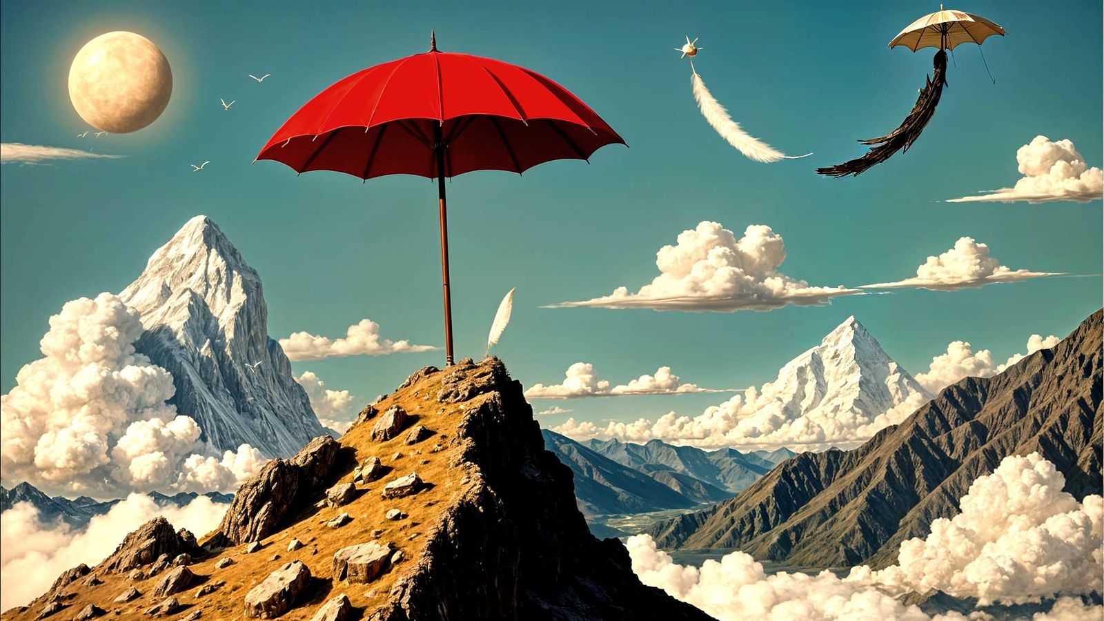 Surreal Storm of Parasol, Mountain, and Feather