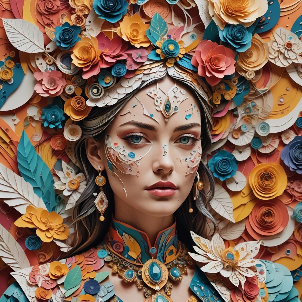 Hyperrealistic Papercraft Collage Portrait of Woman