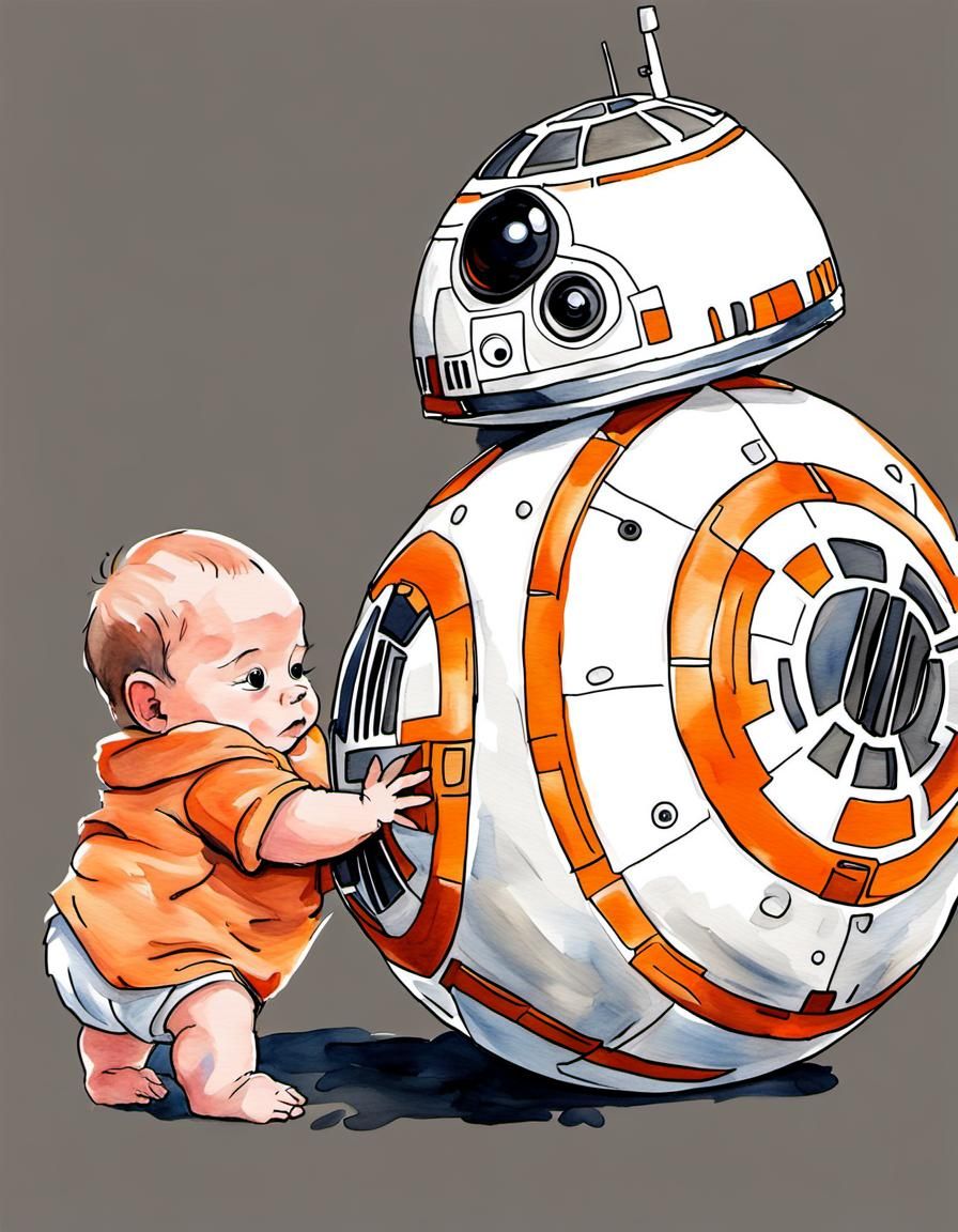 Baby Meets BB-8 in Watercolor Style