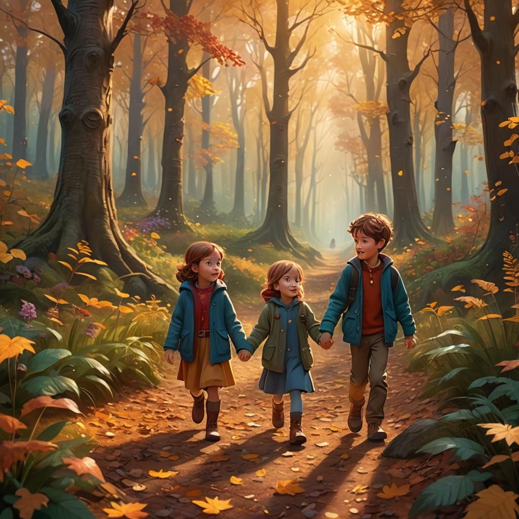 Children in Autumn Forest: Whimsical 3D Digital Art