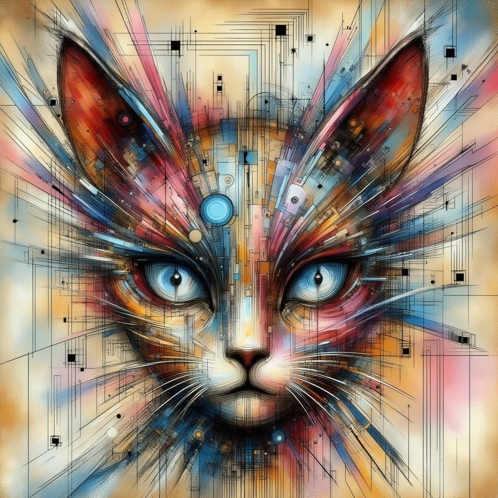Abstract Cat Portrait in Mixed Media