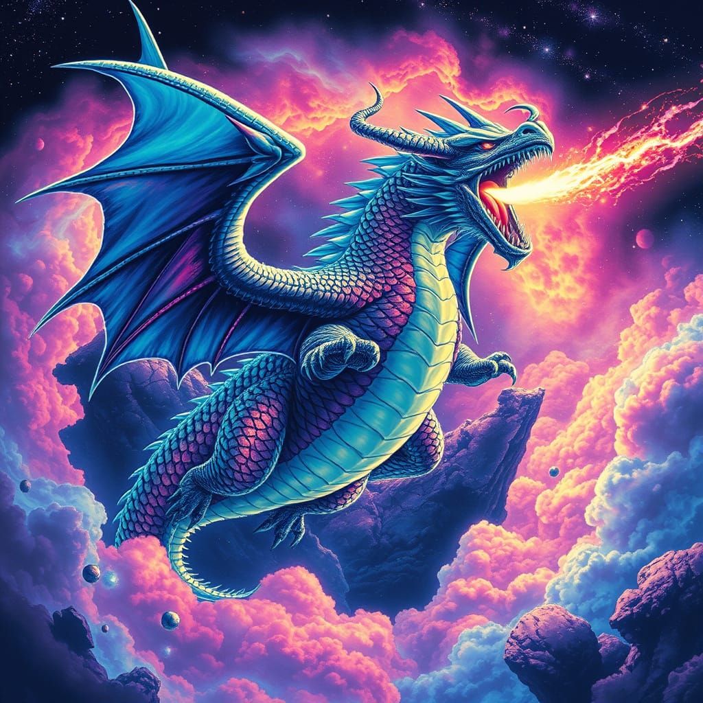 Cosmic Dragon Soaring Through Space in Synthwave Style