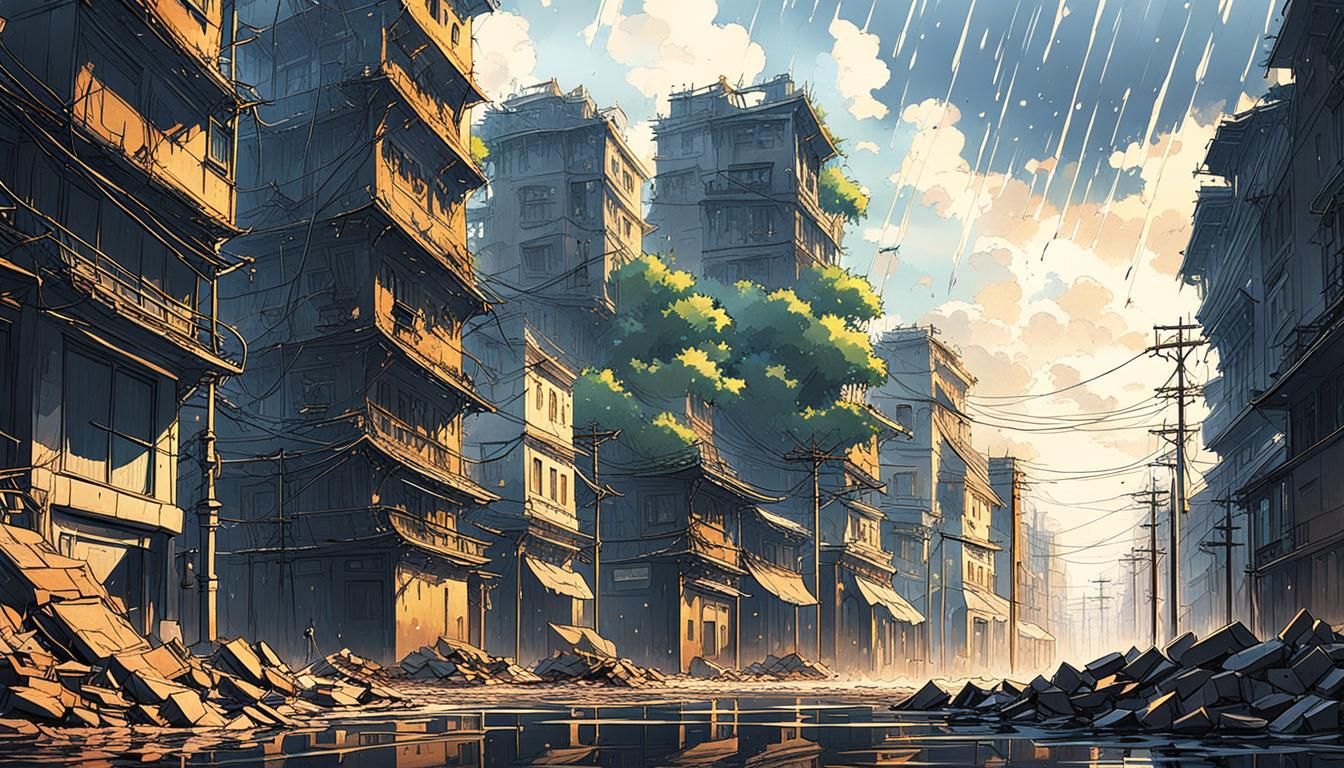 Raining Rubble: Anime Key Visual Cityscape