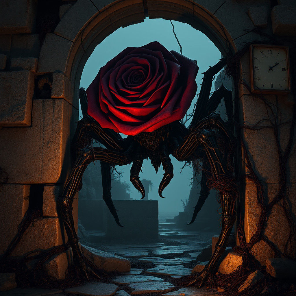 Rose-Headed Spider Emerges from Stone Archway